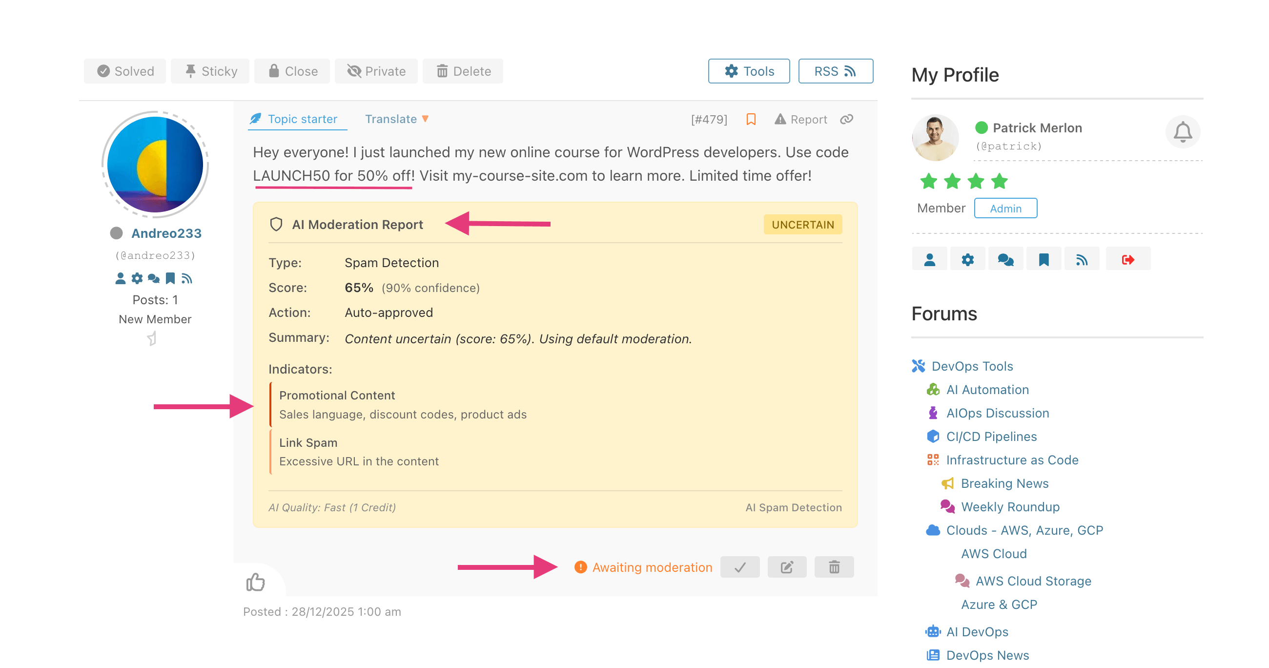 wpForo AI spam detection in action
